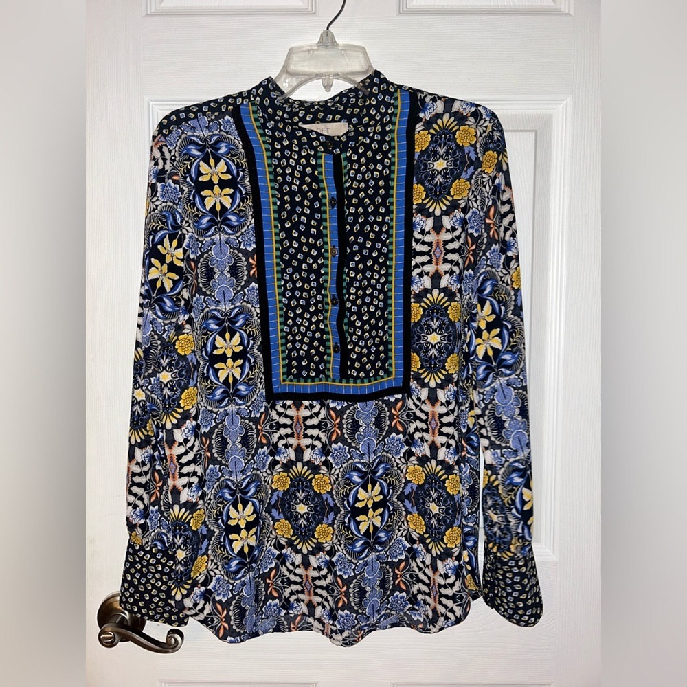 LOFT Blue and Yellow Patterned Long sleeve light weight Blouse size large